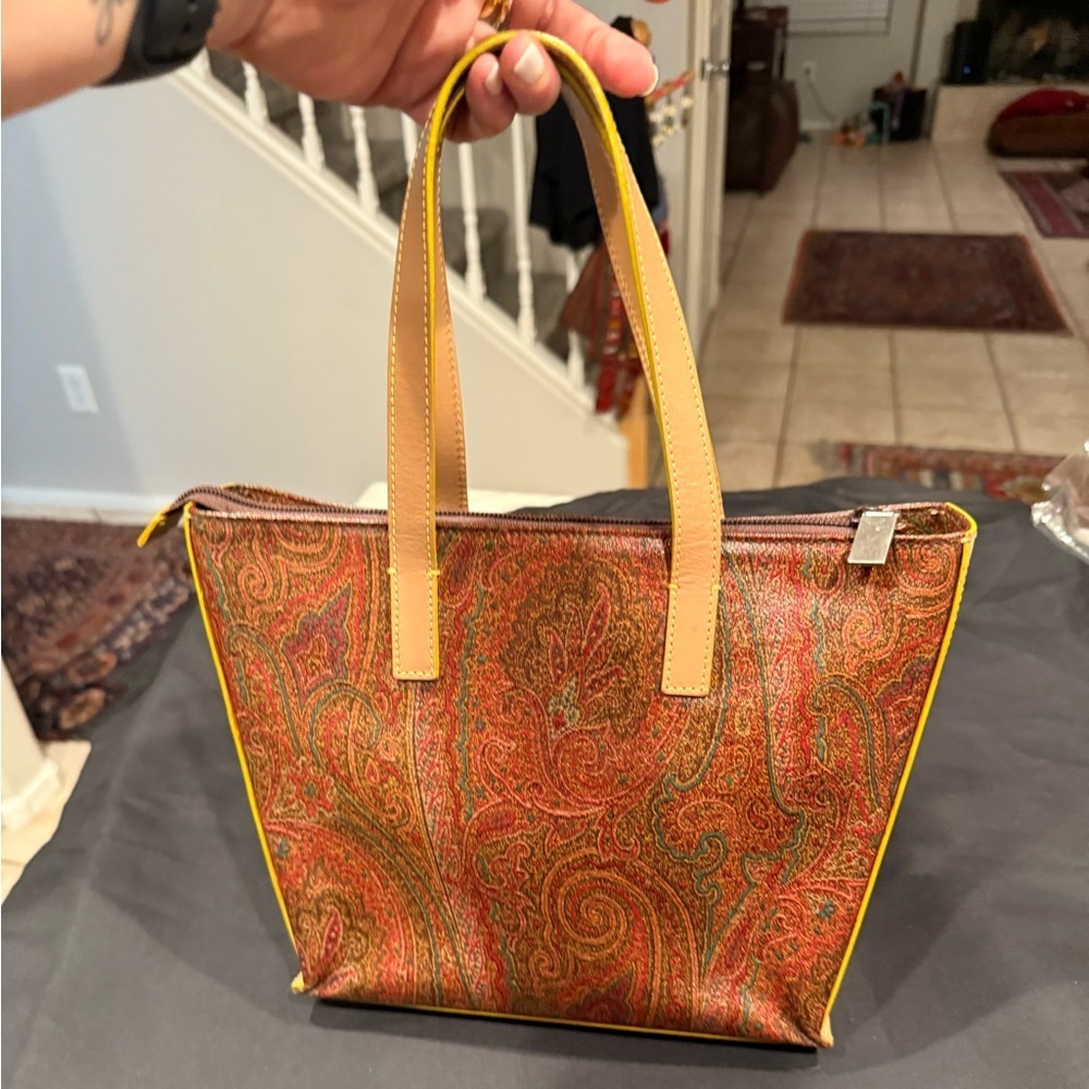 Etro Burgundy Paisley Zip Top Tote Handle Bag
Neon Trim Accents